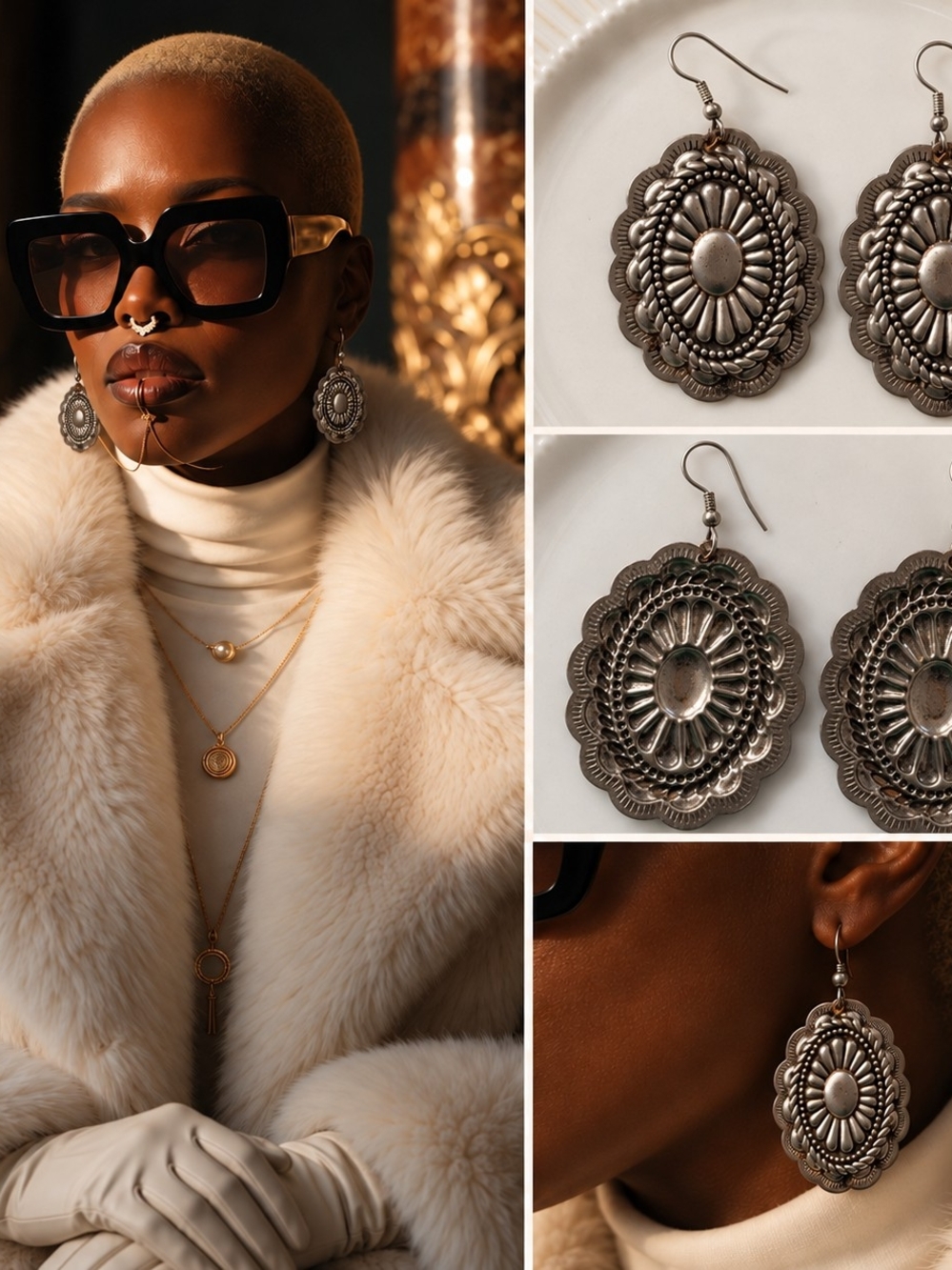 Silver-Tone Oval Concho Floral Dangle Earrings Western Boho